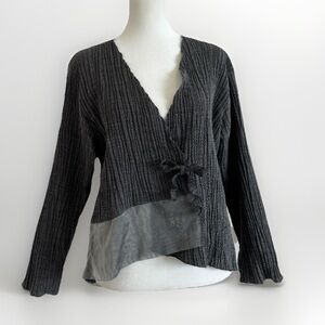 Xiaoyan Lin Micro-Pleated Tie-Front Top  V-Neck Asym Hem Sz M Gray Designer